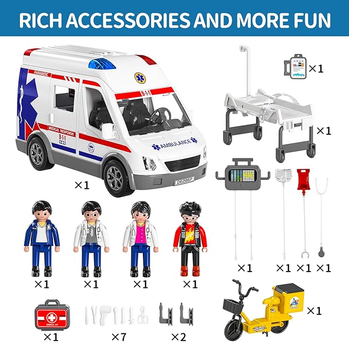 TEMI Ambulance Toy for Kids 3 4 5 6 7 8 Years Old Friction Powered Truck with Light and Sound Emergency Vehicle Toy for Boys Girls Gifts for Age 3-12 Boys Girls