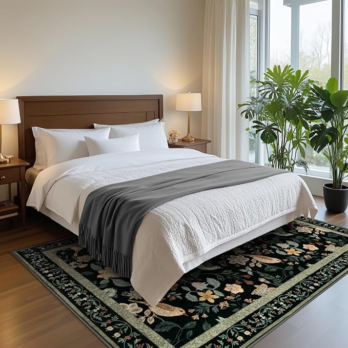 Floral Washable 5x7 Area Rug, Boho Birds Black/Beige Rugs for Living Room Soft Non-Slip Vintage Flower Bedroom Rug, Low Pile Botanical Indoor Carpet for Nursery Playroom Dining Room