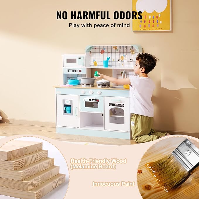 VEVOR Play Kitchen for Kids, Wooden Toy Kitchen Set with Lights and Sounds, Toddler Kitchen with Ice Maker, Oven, Sink, Microwaves, Fridge and Utensil and Fruit Accessory for Toddlers Ages 3-8, White