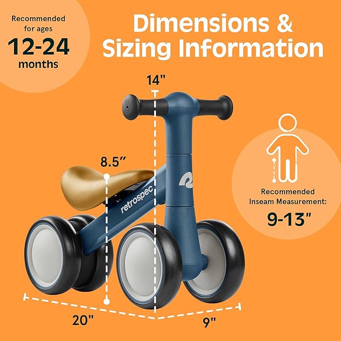 Retrospec Cricket 2 Baby Walker Balance Bike with 4 Wheels for Ages 12-24 Months - First Birthday Gift Toddler Bicycle Toy for 1 Year Old’s - Ride On Toys for Boys & Girls