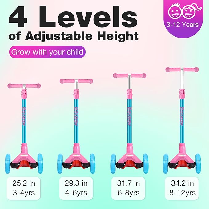 BELEEV A2 Scooters for Kids 3 Wheel Kick Scooter for Toddlers Girls Boys, 4 Adjustable Height, Lean to Steer, Light up Wheels, Extra-Wide Board, Easy to Assemble for Children Gift Sport Toys Ages 3-12