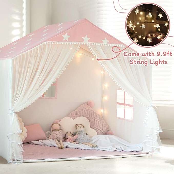 Kids Play Tent with Mat, Large Playhouse Tent with Pompoms Door Curtains, Children Play House for Girls Boys, Indoor Play Cottage (Pink)