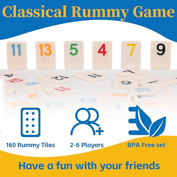 Premium Rummy Cube Game Set 6 Colors with 6 Wooden Racks & 160 Rummy Tiles | Travel & Family Board Game for Adults and Kids