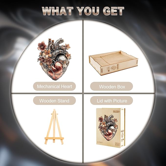 KAAYEE Wooden Puzzles for Adults 220 Pieces Visual 3D Mechanical Heart Wooden Jigsaw Puzzles for Adult Unique Shaped Wood Puzzle Gifts for Mother's Day Adults Kids Heart Puzzle (14.1 * 11.3 in)