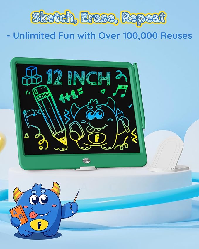 TEKFUN LCD Writing Tablet for Kids Boys Toys, 12 Inch Erasable Doodle Board Colorful Drawing Pad, Board Games Outdoor Travel Toys Gifts for Toddlers Boys Adults (Green)