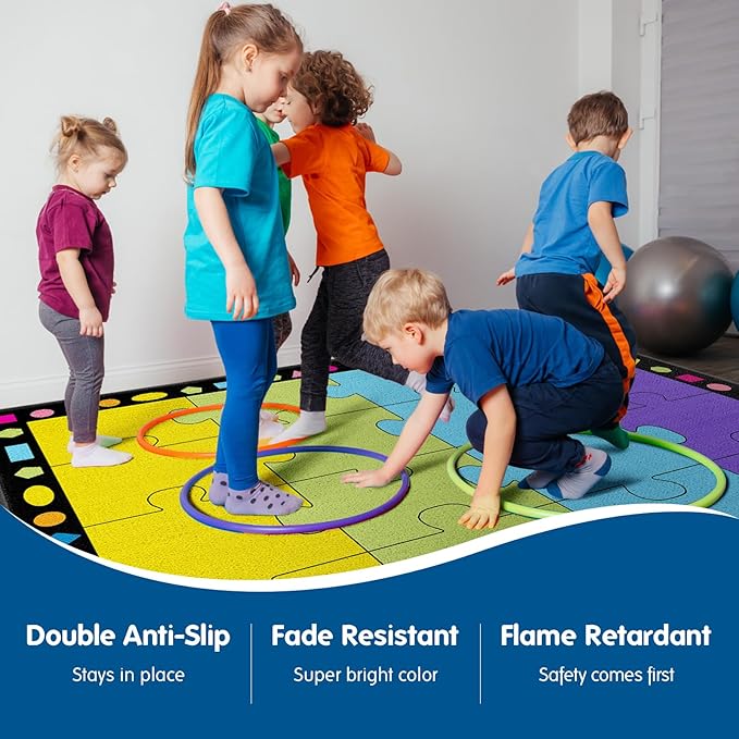 Booooom Jackson Classroom Rug 16 Seats 6'5"x8'5" Colorful Puzzle Seating Preschool Rug with Non-Slip Backing