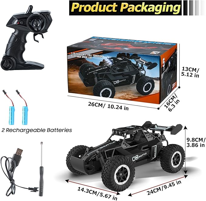 Remote Control Car for Kids 3 4 5 6 7+, 20 KM/H High-Speed RC Cars with LED Lights, 2.4GHz 2WD Monster Truck Toys, Rechargeable RC Car, Toy Cars for Girls Boys, Christmas & Birthday Gifts–Black