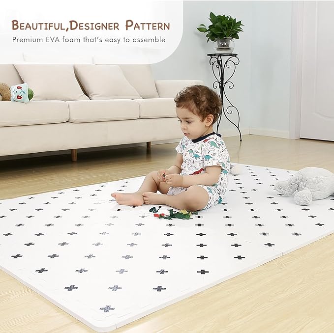 TCBunny 16 Interlocking Tiles and Edges Baby Play Mat for Kids & Toddlers - 5.6 X 4 FT (White with Black Cross)