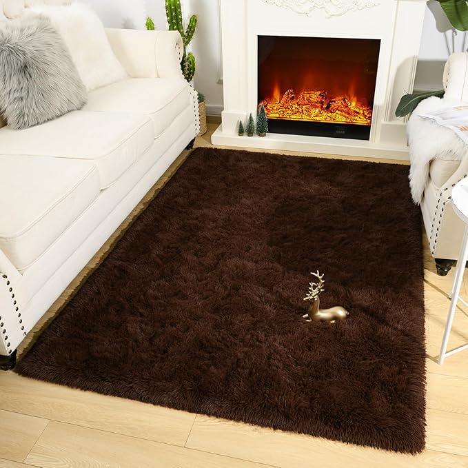 Amearea Premium Soft Fluffy Rug Modern Shag Carpet, 4x5.3 Feet, Fuzzy Shaggy Rugs for Bedroom Living Room Teen Apartment Decor, Comfortable Indoor Furry Dorm Carpets, Brown