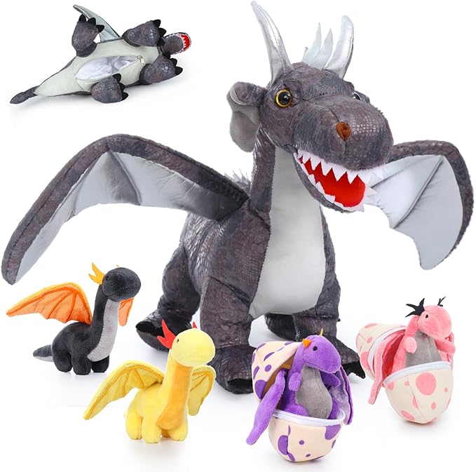 MorisMos Dragon Stuffed Animals with Baby Inside, 21 Inch Stuffed Dragon Plush Toy Set. Gift for Kids, Boys, Christmas, Gray
