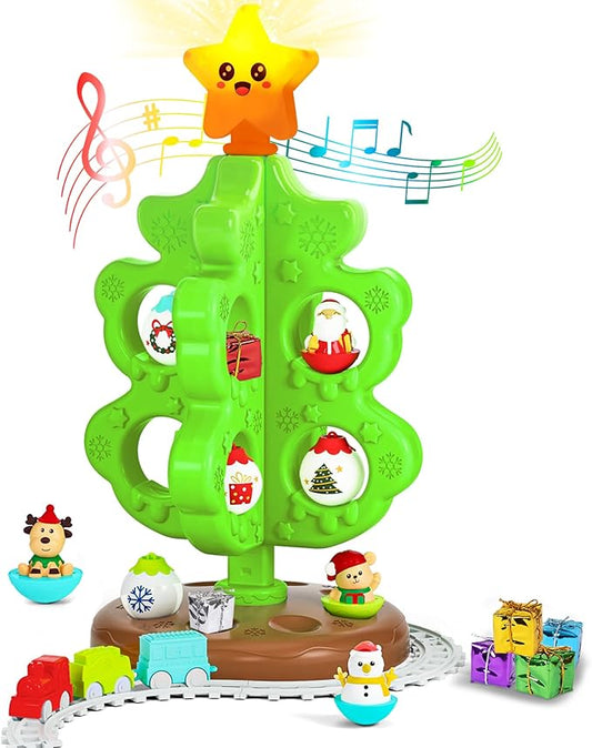 My First Christmas Tree for Toddlers, Musical Light Up Montessori Decor Toy with Ornaments, Mini Train Set, Roly Poly Toys, Finger Puppets, Birthday Xmas Gifts for Little Kids Boys and Girls