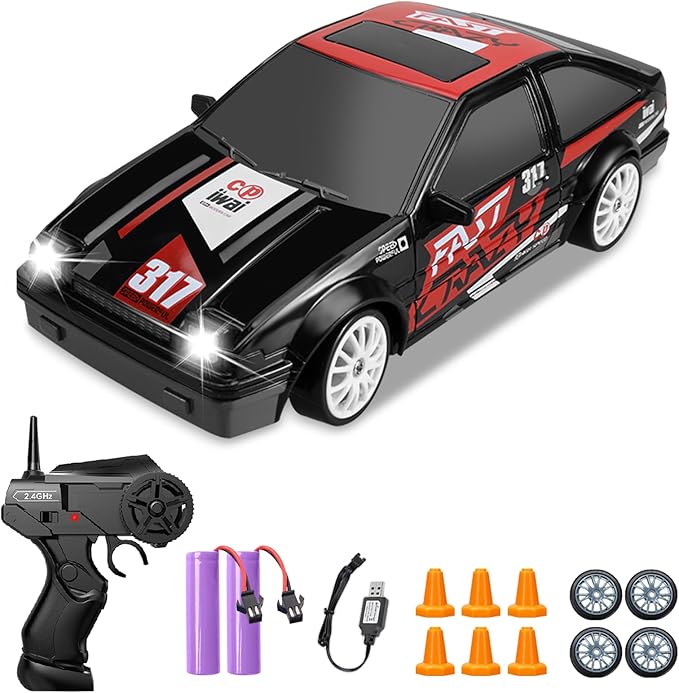 Remote Control Car 1/24 2.4GHz 4WD RC Drift Car, Rechargeable High Speed RC Cars with Cool Lights, Two Batteries and Extra Tires Toys for Kids