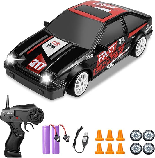 Remote Control Car 1/24 2.4GHz 4WD RC Drift Car, Rechargeable High Speed RC Cars with Cool Lights, Two Batteries and Extra Tires Toys for Kids