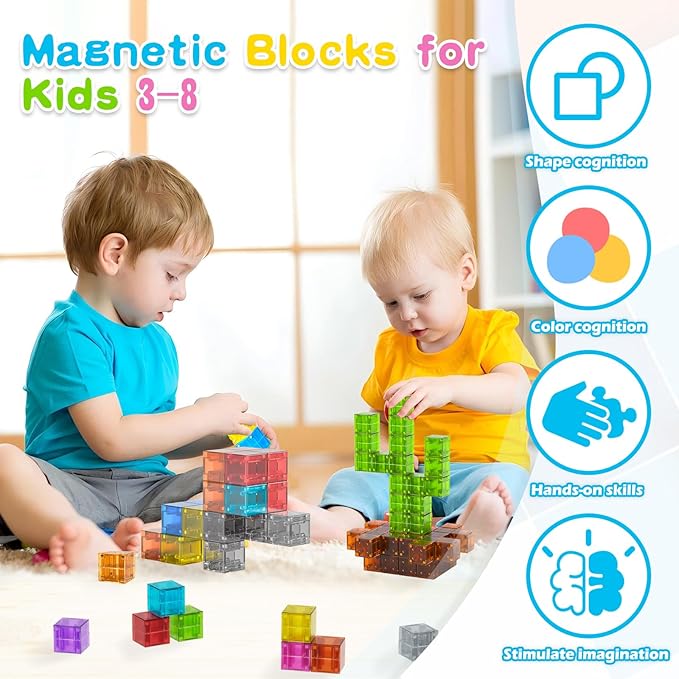Doloowee 50 PCS Magnetic Blocks, Magnetic Building Blocks for Toddlers 3+, Montessori Toys