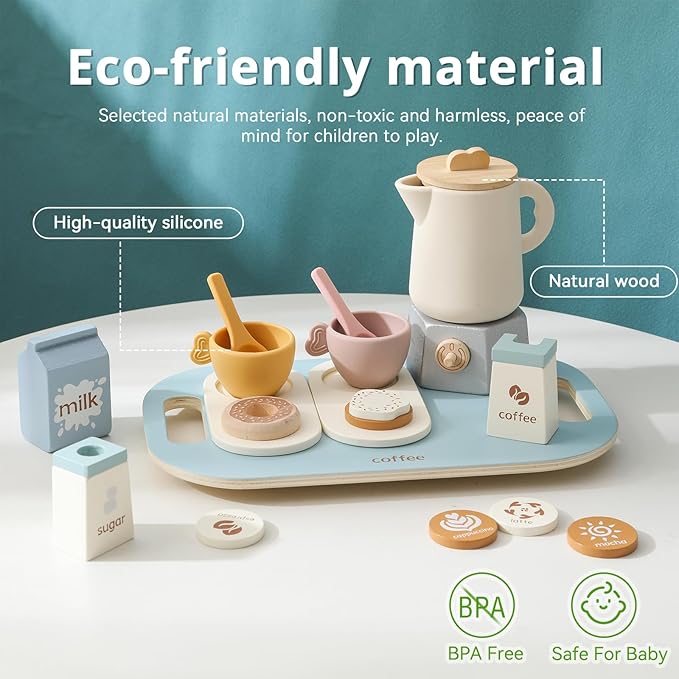 Wooden Tea Set for Little Girls and Boys | 18 PCS Kids Coffee & Tea Set for Toddlers | Pretend Play Toy with Silicone Accessories - Ideal Gift