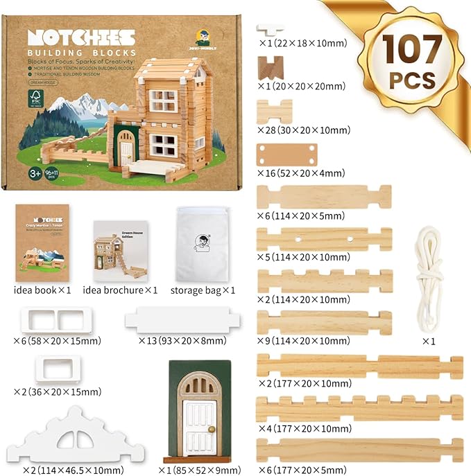 Jovi-mindly＆Notchies 107 Pcs Wooden Blocks Toys with Door and Windows,Classic Old Fashioned Toys,Wooden Building Blocks for Kids Ages 4-8 Boys and Girls,FSC Certified,Graduate Gifts