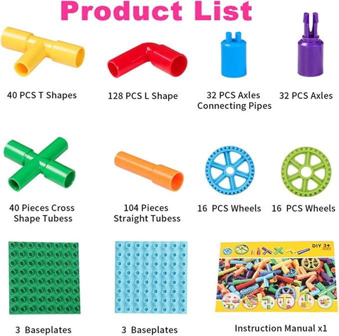 burgkidz 426 Pieces Toy Pipe, Creative STEM Tube Locks Construction with Wheels and Mini Baseplate, Interlocking Educational Sensory Kit, Preschool Learning Toys for Boy and Girls Ages 3+