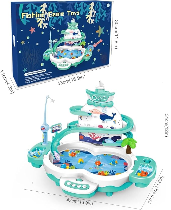 3in1 Fishing Game Toys for Kids with 34PCS Accessories Including Fishing Rod, Small Fish, Track, etc., STEM Toys with Music and Stories for Preschool Learning (Green)