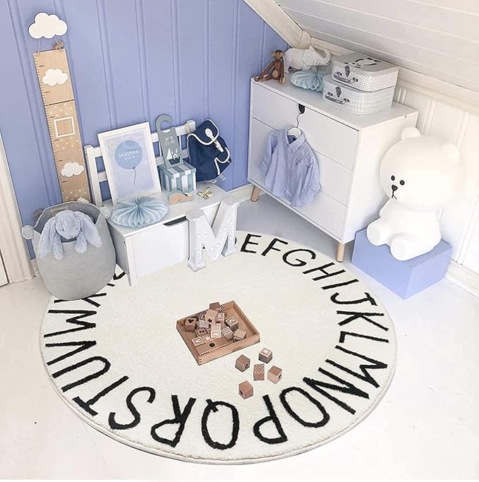 Topotdor Round Kids Play Rug Alphabet Nursery Area Rug Extra Large Soft Crawling Play Mat for Children Toddlers Bedroom (71 inch, Beige)