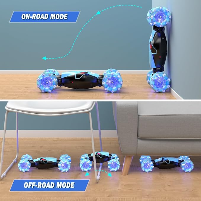 Powerextra 1:16 RC Stunt Car Gesture Sensing, with [Light & Music] for Boys Watch Hand Remote Control Car, Double Sided Rotating Off-Road Vehicle 360° Flips with 2 Batteries, Boy's Birthday Gift