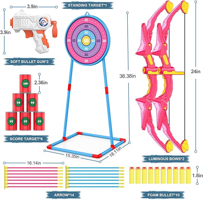 2 Pack Kids Bow and Arrow Set, Pink Light Up Archery Toy Set, 2 Foam Dart Guns & 6 Target Cans Toys for Ages 5-7, Kids Indoor Outdoor Birthday Gifts Ideas for Boys Girls 4 5 6 7 8 9 10 Year Old