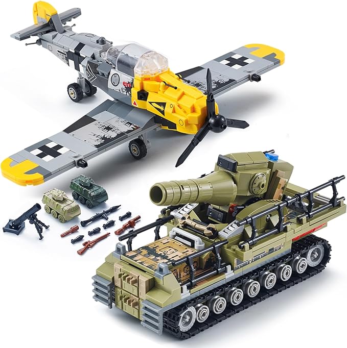WW2 Military Toy Plane Building Block Set, Compatible with Lego, Create The Karl Giant Mortar Tank & BF109 Fighter Plane, Perfect Army Airplane Toy Gift for Boys, and Teens Aged 8-14 (1015 Pieces)