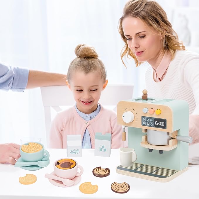 Kids Coffee Maker Playset, 23PCS Wooden Kitchen Toys, Play Kitchen Accessories for Toddler, Espresso Machine Playset, Gift for Boys and Girls 3 4 5 Years
