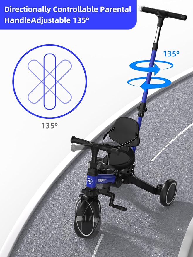 XJD Toddler Bike, 6 in 1 Folding Toddler Tricycle for 1-4 Year Old with Push Handle, Balance Bike with Removable Pedal,Backrest, Adjustable Seat Height and Handle, First Birthday Gifts (Blue)