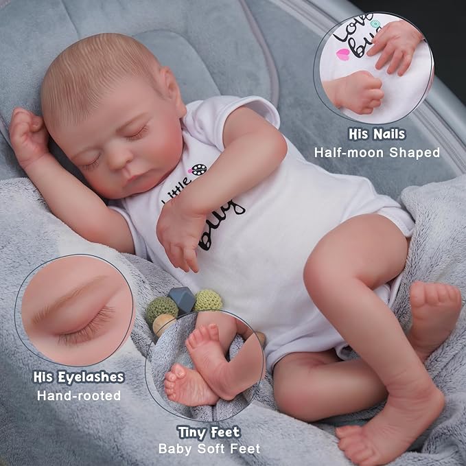 ADFO Lifelike Reborn Baby Dolls Boy - 17 Inch Real Baby Feeling Realistic-Newborn Sweet Smile Sleeping Dolls Handmade Life Baby Dolls with Accessories Gift Set for Kids Age 3 +