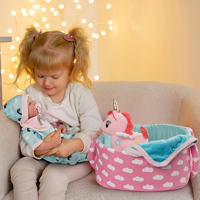 BABESIDE 8 Pcs Reborn Baby Doll Accessories with Bassinet for 17-22 Inch Baby Dolls, Babies Doll Clothes Outfit Accessories fit Reborn Doll Newborn Boy