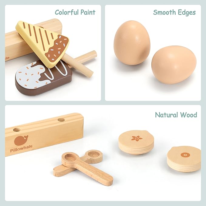 Pillowahle Wooden Play Food for Kids Kitchen, Play Kitchen Accessories, Toy Food Fake Milk, Yogurt, Egg, Ice Cream, Birthday Gift for Boys & Girls 3+