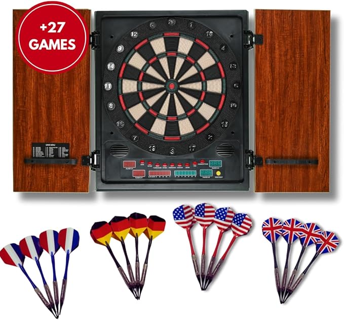 Dartboard Professional Electronic Dart Board with LED Digital Scoreboard, Wooden MDF Cabinet, 27 Games, 202 Variations, Includes 16 Soft Tip Darts & 16 Replacement Tips, Perfect for Adults Game Room