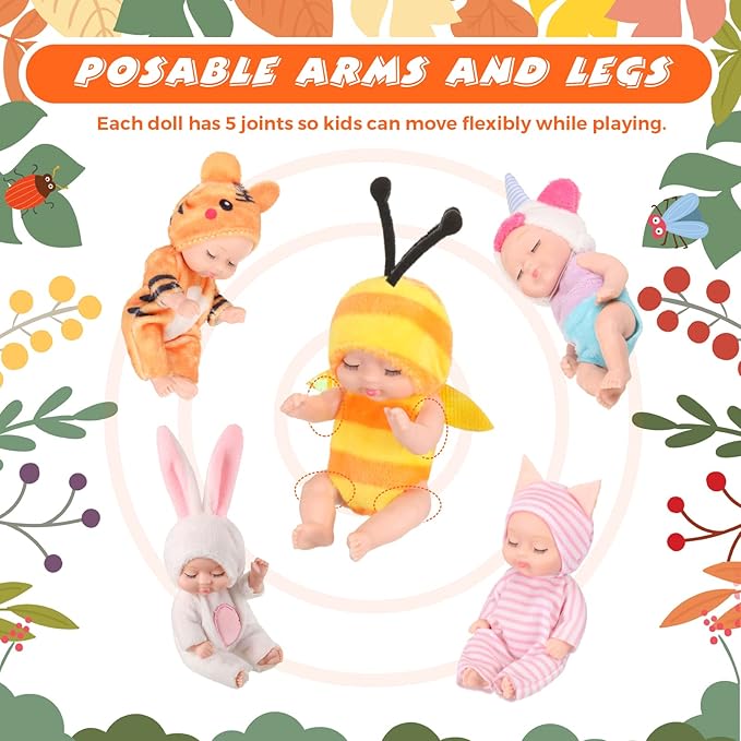 16 Pcs 4 Inch Mini Reborn Baby Dolls Lifelike Realistic Tiny Baby Doll with Animal Clothes Cute Infant Figurine Gifts Set for Teens Girls Boys Toddlers Kids 3+ Birthday Gifts Big Fillers