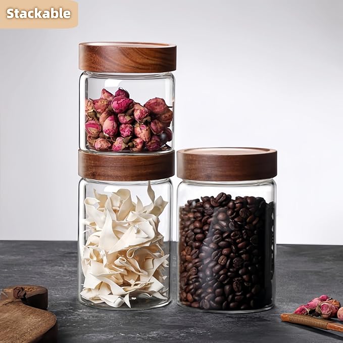 28 Fl oz/850 ml Glass Food Storage Jar, Premium Clear Glass Container Jar with Airtight Wooden Screw Lid, Kitchen Canisters for Coffee,Tea,Pasta,Cookies, Nuts,Spice,Candy,Overnight Oatmeal（Medium）