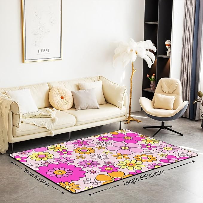 Erosebridal Girls Pink Flowers Area Rug 5'x6'6'',Psychedelic Groovy Floral Power Rug Aesthetic,Hippie Vintage 60S 70S Style Carpet Funky Hand Drawn Non Slip Living Room Rugs