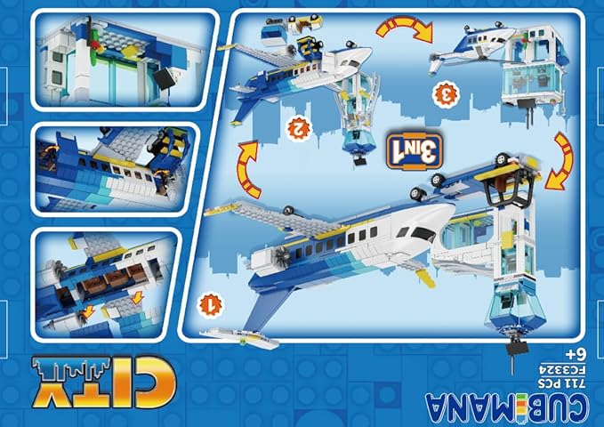 City Passenger Airplane Building Set, 711 PCS 3 IN 1 Plane Building Blocks Kit with Airport Terminal, Radar Tower, Luggage Truck, Planes Model Toys Gift for Boys Girls Kids 6 7 8 9+ Years Old
