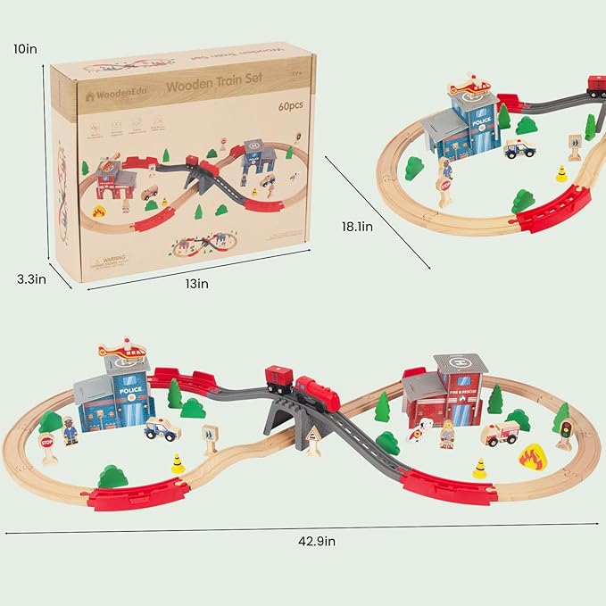 Wooden Train Set for Toddler - 60 Pcs- with Wooden Tracks fits Thomas, fits Brio, fits Chuggington, fits Melissa and Doug - Expandable, Changeable-Train Toy for 3 4 5 Years Old Girls & Boys