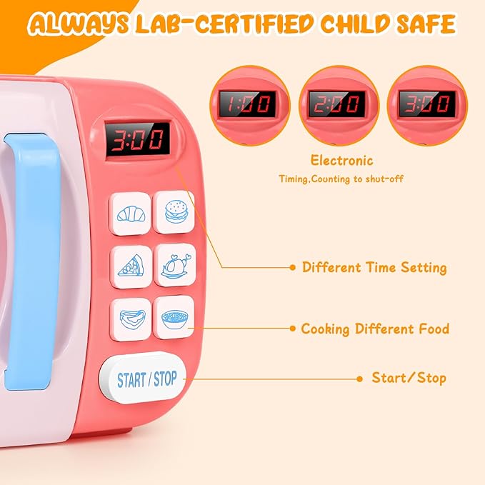 Microwave Kitchen Play Set with Light Sound for Kids with Pretend Fake Food and 6 Color DIY Play-Dough Clay Great for Toddlers 3 and Older Grils and Boys (Pink)