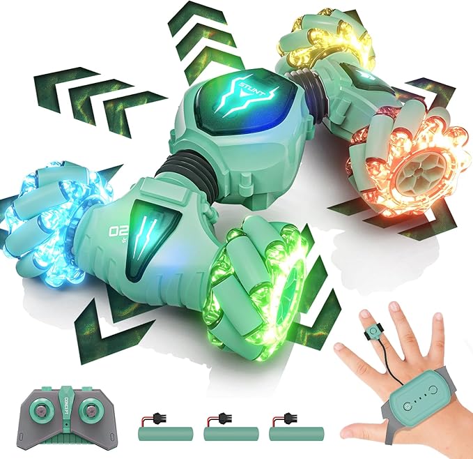 Tecnock Remote Control Car RC Cars for Boys Girls, 2.4GHz 4WD Gesture Sensing RC Stunt Car Toys - 360° Rotating Double Sided Hand Controlled RC Car with Lights, Gifts for Kids, Green