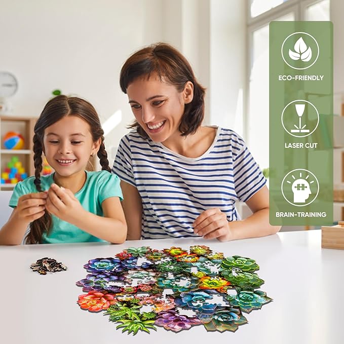 Succulent Wooden Puzzles for Adults, 500 Piece Unique Shaped Wood Jigsaw Puzzles for Adults and Kids, Fun Challenging Puzzles Family Game Gift, Medium 16.9'' x 16.5''