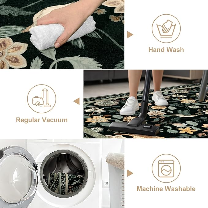 Floral Washable 5x7 Area Rug, Boho Birds Black/Beige Rugs for Living Room Soft Non-Slip Vintage Flower Bedroom Rug, Low Pile Botanical Indoor Carpet for Nursery Playroom Dining Room