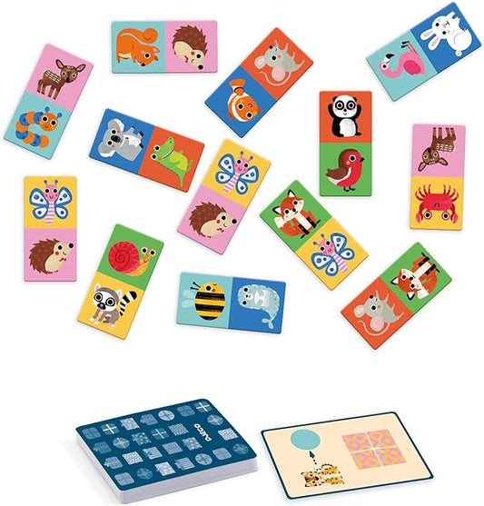 DJECO Cadomino Board Game - Portable Game Box with 24 Dominoes & Cards - Fun Educational Family & Children Bonding Activity - Toys for Boys & Girls, 5-10 Years