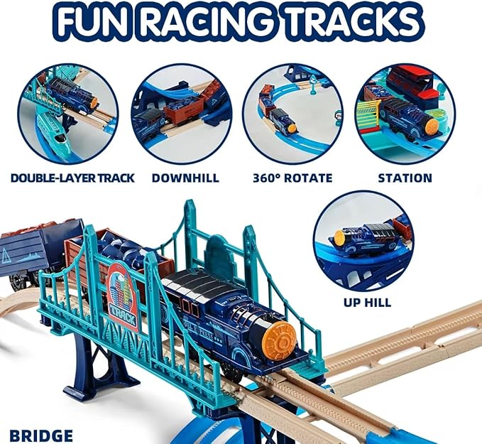 Train Set 85pcs,360° Transformed DIY Train Track Set,Rechargerable Electric Train Set with Realistic Train Station, Train Toys for Birthday Gifts for Kids Boys Girls
