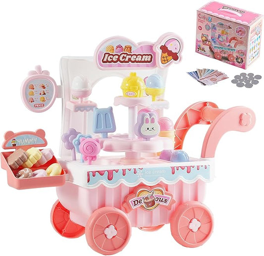 VEVOR Ice Cream Cart for Kids, 27 PCS Accessories, Pretend Play Store with Storage Trolley with Pretend Money, Sound & Light Effects, Montessori Educational Ice Cream Truck Toys for Toddlers 3+ (Pink)