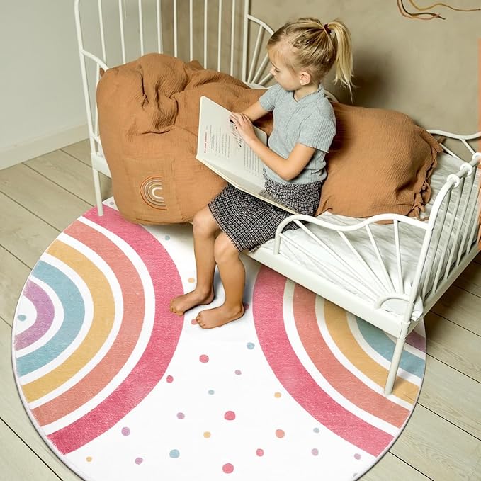 STARUIA Colorful Rainbow Rug for Nursery, 5 Ft Machine Washable Rug for Kids Room, Large Round Rugs for Girls Bedroom, Circle Kids Rug Soft Polka dot Carpet for Classroom Playroom Tent
