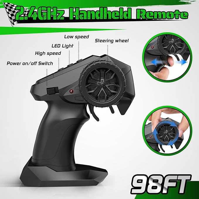 Remote Control Car, 1:18, All-Terrain Remote Control Truck with Headlight and Bodylight, 2WD, 20KM/H, PVC Shell, 2.4GHz, Rechargeable, Sturdy, Two Speed Control, Rc Cars for Kids, Green