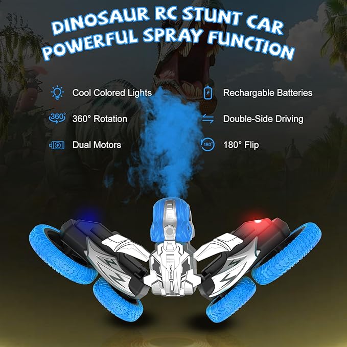 Remote Control Car, 360° Rotating RC Stunt Car with Lights and Spray, 2.4Ghz 4WD Double-Sided Driving RC Car Toys for Kids, Outdoor Dinosaur Truck Gift for Boys and Girls Age 4-7,8-12 (Blue)