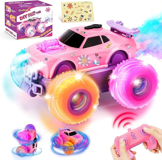Pink Remote Control Car for Girl, 4WD RC Stunt Car with DIY Sticker, Headlight, Flashing Wheel Light, Rotation, Spin and Spray, Toy Cars for Girl Age 4-6 6-8 Birthday Gift