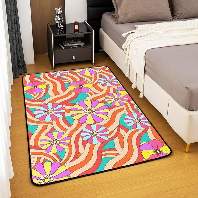 Erosebridal Colorful Floral Area Rug 70S Groovy Flowers Carpet 4x5 for Girls Teen Women Hippie Aesthetic Rug Geometric Stripes Psychedelic Non Shedding Living Room Rugs