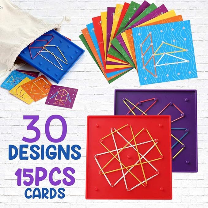 6 Pack Double-Sided Geoboard Mathematical Manipulative Material Array Block Geo Board, Educational Toy for Kids with Rubber Bands and 15pcs Pattern Card, STEM Shape Puzzle Brain Teaser Toy, 5x5 Inch
